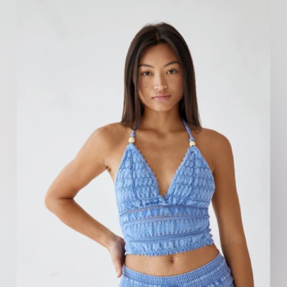 NWT Blanco by Nature Women's Cosmo Crochet Halter Top Small Denim Blue